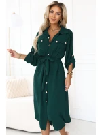 531-7 Midi košilka se zlatými knoflíky a vázáním - zelená