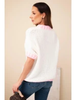 Dámský svetr s krátkým rukávem a kontrastním lemem ecru