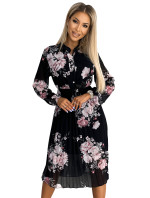 Plisované midi šaty s knoflíky a dlouhým rukávem Numoco CARLA - černé s květy