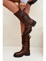 Zateplené dámské kozačky s pásky a přezkami hnědé Ivaline