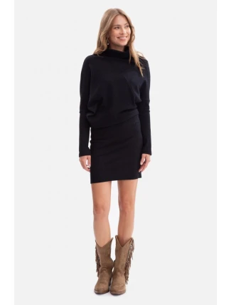 B309 Žebrový úplet blůzových šatů - černý