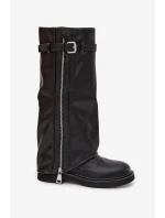 Dámské kozačky s obráceným límcem sponou a stříbrným zipem vyhřívané černé Bressa