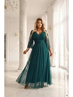 654-1 Dlouhé lesklé plus size šaty s výstřihem a průhlednými rukávy - lahvově zelené 654-1 Dlouhé lesklé plus size šaty s výstřihem a průhlednými rukávy - lahvově zelené