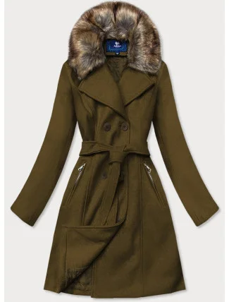 Dámský kabát v khaki barvě s kožešinou (JC241)
