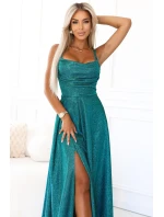589-3 Dlouhé šaty s jemným třpytem a korzetovým zavazováním na zádech - zelené se třpytkami 589-3 Dlouhé šaty s jemným třpytem a korzetovým zavazováním na zádech - zelené se třpytkami