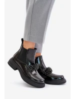Kožené Lakované Botky S Dekorací Nazouvací Zateplené Černé Solimav