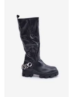 Kozačky Na Plochém Podpatku S Řetězem Černé Nauricette