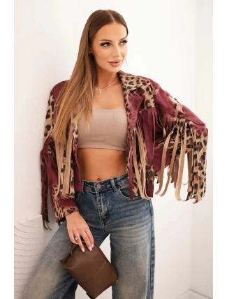 Dámská semišová bunda s třásněmi v leopardím vzoru bordová