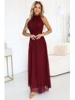 636-1 VERONICA luxusní dlouhé šaty s brokátovým akcentem a elegantní linií - vínová barva