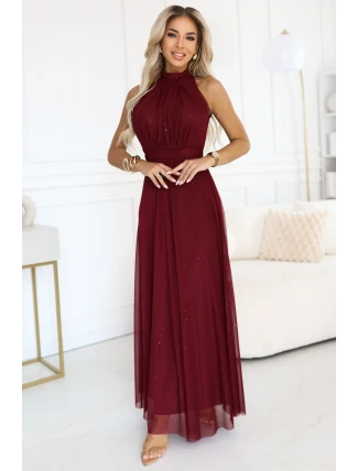 636-1 VERONICA luxusní dlouhé šaty s brokátovým akcentem a elegantní linií - vínová barva