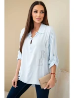 Dámská viskózová blůza s límečkem a potiskem s krystaly modrá