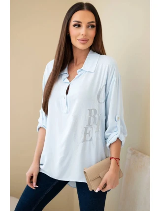 Dámská viskózová blůza s límečkem a potiskem s krystaly modrá