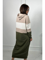 Tříbarevné šaty s kapucí béžová + ecru + khaki