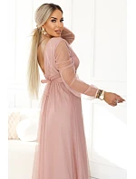 664-1 Dlouhé maxi šaty s tylovými rukávy a obálkovým výstřihem - pudrově růžové