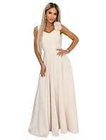 643-3 Elegantní večerní maxi šaty s rozparkem a růžemi - béžové