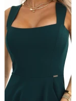 633-2 AURELIA dlouhé šaty s rozparkem na nohou a výstřihem typu caro - lahvově zelené