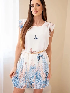 Dámské šaty s plisovaným rukávem a ozdobným páskem modrá