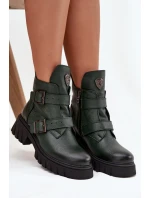 Kožené zateplené dámské boty s přezkami a ozdobným detailem Zazoo 60482 tmavě zelené