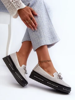 Lesklé dámské kožené mokasíny na platformě S.Barski Silver