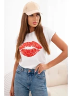 Dámská bavlněná blůza s krátkým rukávem a potiskem rtů bílá