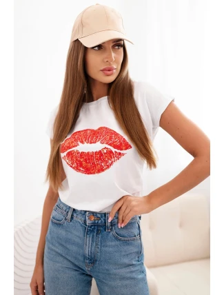 Dámská bavlněná blůza s krátkým rukávem a potiskem rtů bílá