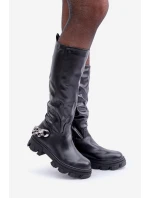 Kozačky Na Plochém Podpatku S Řetězem Černé Nauricette