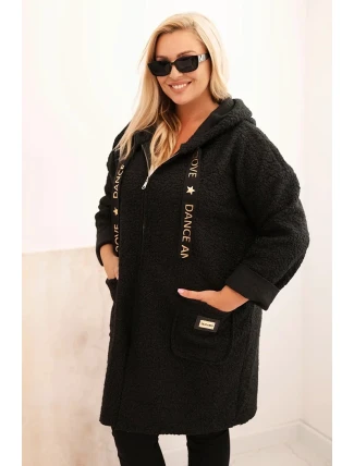 Dámský kabát Plus Size z umělého beránka s kapucí a kapsami černý