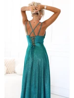 589-3 Dlouhé šaty s jemným třpytem a korzetovým zavazováním na zádech - zelené se třpytkami 589-3 Dlouhé šaty s jemným třpytem a korzetovým zavazováním na zádech - zelené se třpytkami