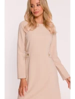 S419 Šaty s ozdobnými knoflíky v pase - béžové