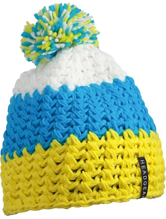 Daiber MB 7940 3-barevná háčkovaná čepice s bambulí 03.7940 yellow/pacific/white