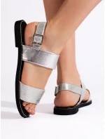 Klasické  sandály dámské stříbrné na plochém podpatku