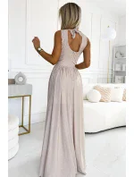 362-8 JUSTINE Dlouhé šaty se srdíčkovým výstřihem a zavazováním na zádech - béžové se třpytkami