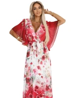 603-1 Vzdušné maxi šaty s obálkovým výstřihem a květinovým vzorem - RED ROSES 603-1 Vzdušné maxi šaty s obálkovým výstřihem a květinovým vzorem - RED ROSES