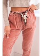 Dámské kalhoty z viskózy s šátkovým pásem tmavě růžové