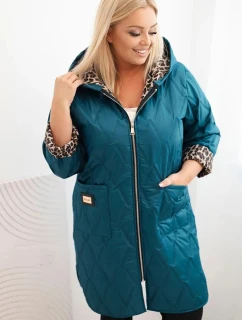 Dámská zimní prošívaná bunda Plus Size s podšívkou v leopardím vzoru a kapucí mořská