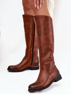 Kožené dámské kozačky na nízkém podpatku zateplené Zazoo 70150 hnědé