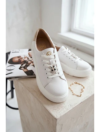 Kožené dámské tenisky na platformě s přezkou Vinceza 39973 Bílé