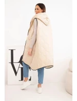 Dámská prošívaná vesta s kapucí na zip pro plnoštíhlé tmavě béžová