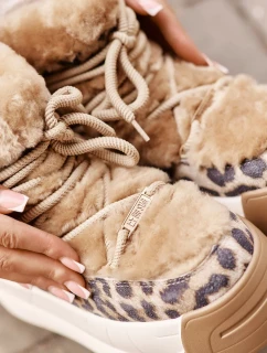 Kožené Dámské Sněhule Na Silné Podešvi S Kožešinou Leopard Big Star Hnědé