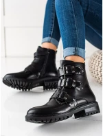 Komfortní dámské černé  kotníčkové boty na plochém podpatku