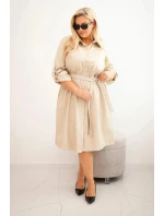Dámská suknička z eko-kůže Plus Size s páskem a límečkem bežová
