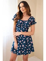 Dámské šaty s květinovým vzorem s nabíraným rukávem a elastickým pasem tmavě modré