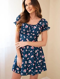 Dámské šaty s květinovým vzorem s nabíraným rukávem a elastickým pasem tmavě modré