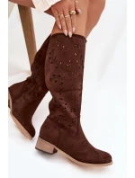 Dámské perforované kozačky na podpatku Helinna – čokoládová