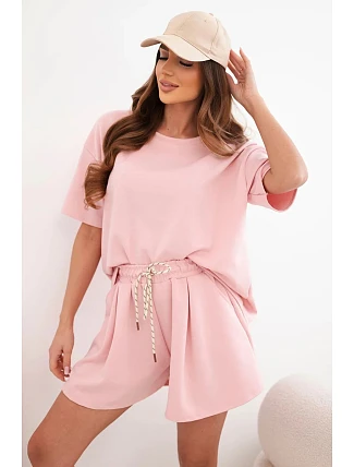 Dámský viskózový maslový komplet s krátkým rukávem a kraťasy s vysokým pasem pudrově růžový