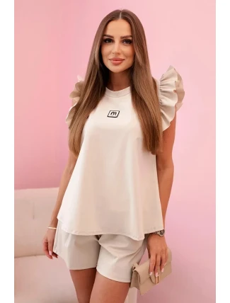 Dámský komplet s volánem – halenka s krátkým rukávem a šortky s gumičkou béžový