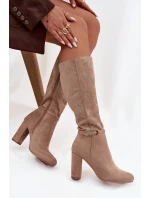 Dámské kozačky na podpatku se zlatým přezkou vyhřívané béžové Seraphine