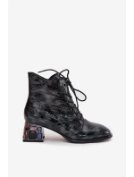 Dámské lakované boty Artiker – šedé, z přírodní kůže, na podpatku s krystalky