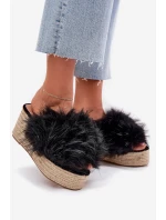 Dámské klapky na klínu s kožíškem a pletením černé Virela