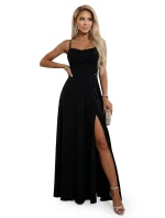 589-5 Maxi šaty bez ramínek s korzetovým zavazováním na zádech a rozparkem - černé 589-5 Maxi šaty bez ramínek s korzetovým zavazováním na zádech a rozparkem - černé